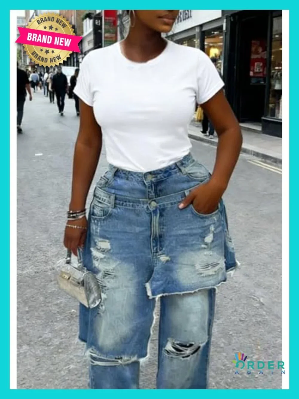 Wide Leg Capri Jeans Distressed Ripped Patchwork Denim Shorts Jorts